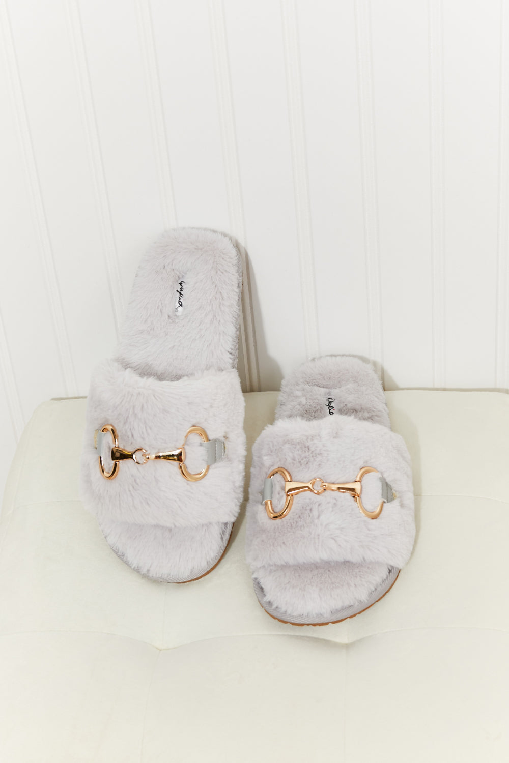 Qupid Those Quiet Moments Metal Detail Faux Fur Slide Slippers