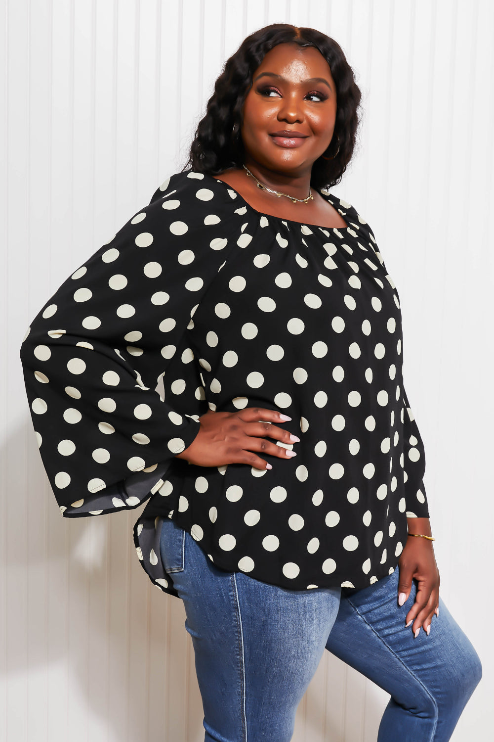 CY Fashion Polka Dot Party Full Size Bell Sleeve Blouse