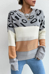 Leopard Color Block Round Neck Sweater