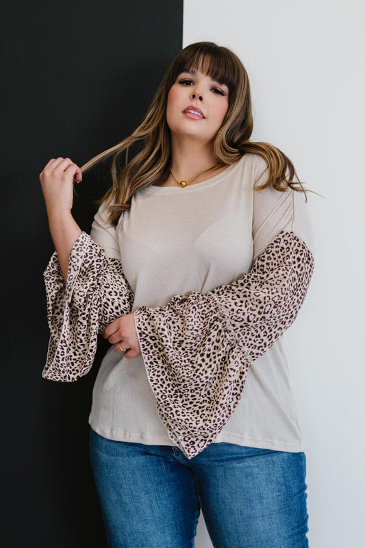 AMOLI Aspire to Inspire Full Size Run Leopard Bell Sleeve Top