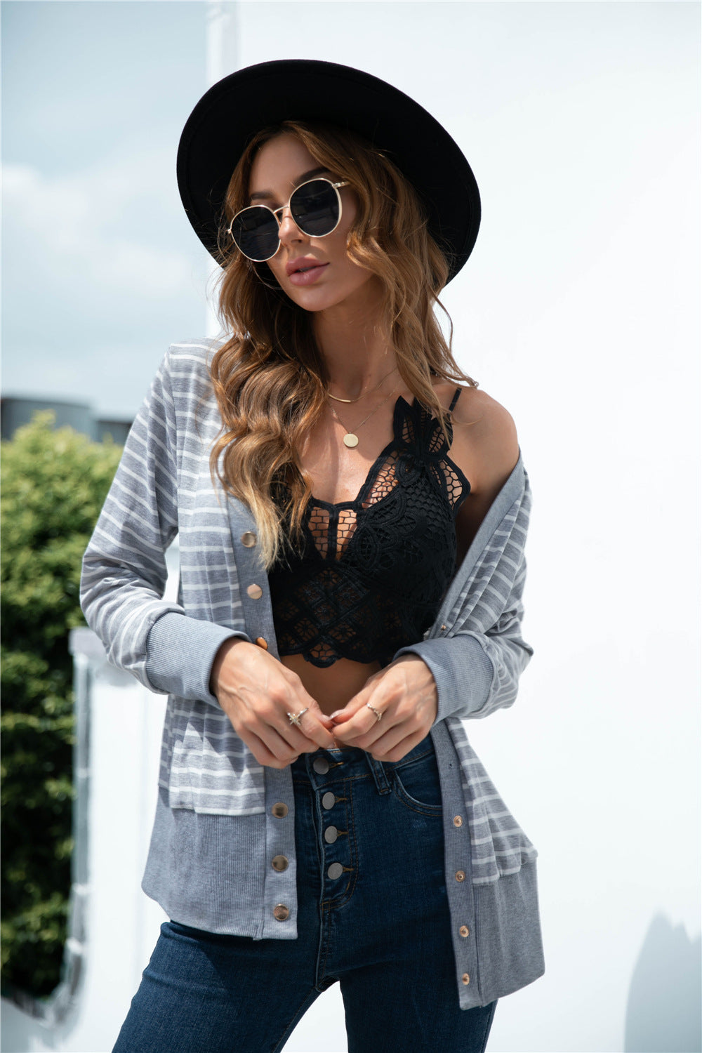 Striped Button Up V-neck Cardigan