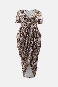 Plus Size Leopard Print Pleated Detail Midi Dress