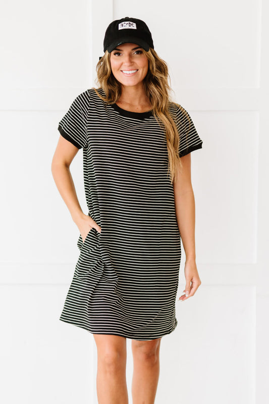 Cotton Bleu Simplicity is Best Full Size Striped T-Shirt Dress in Black