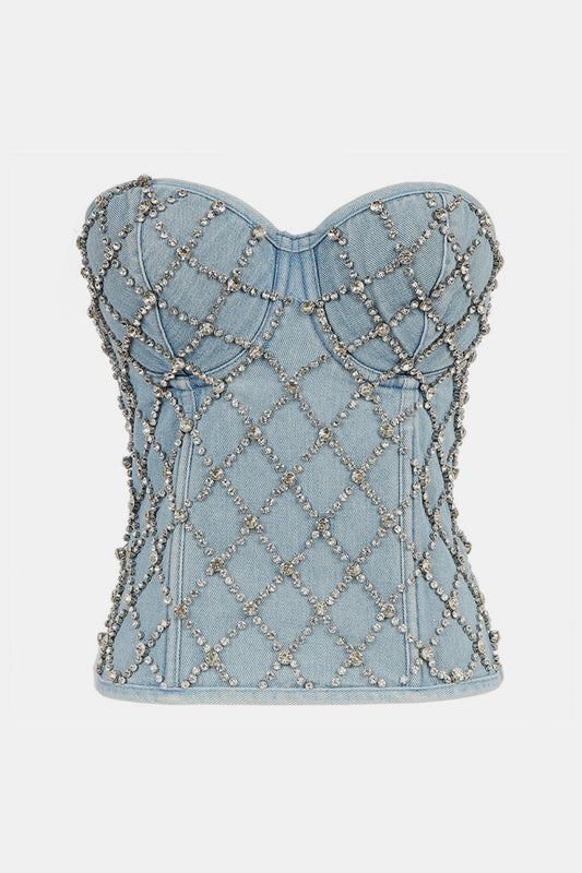 Strapless Lace Up Denim Rhinestone Fishnet Bustier