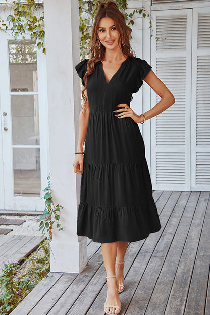 Flutter Sleeve Tiered Midi Dress