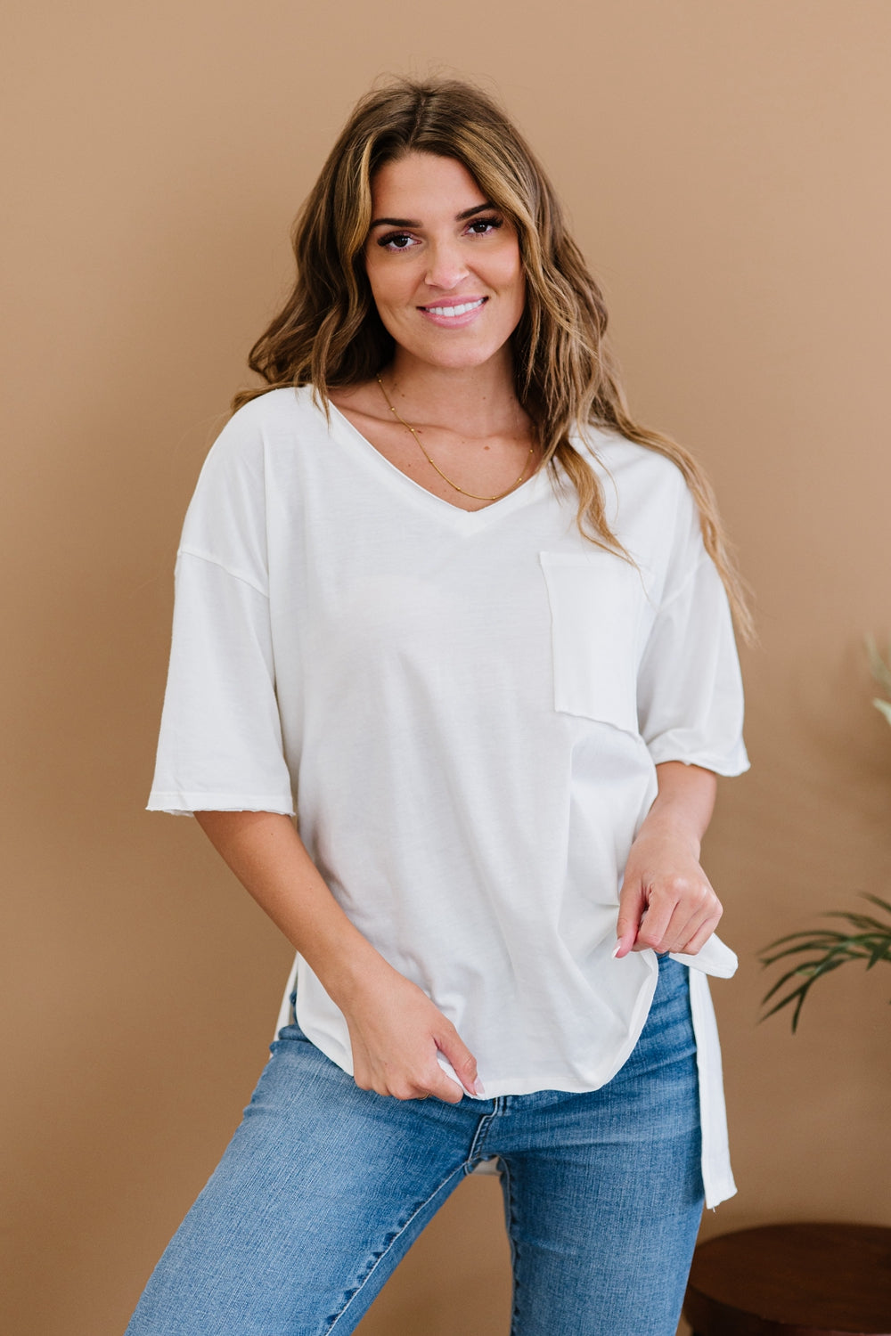 Zenana All-Nighter Full Size Run High-Low V-Neck Tee in Ivory