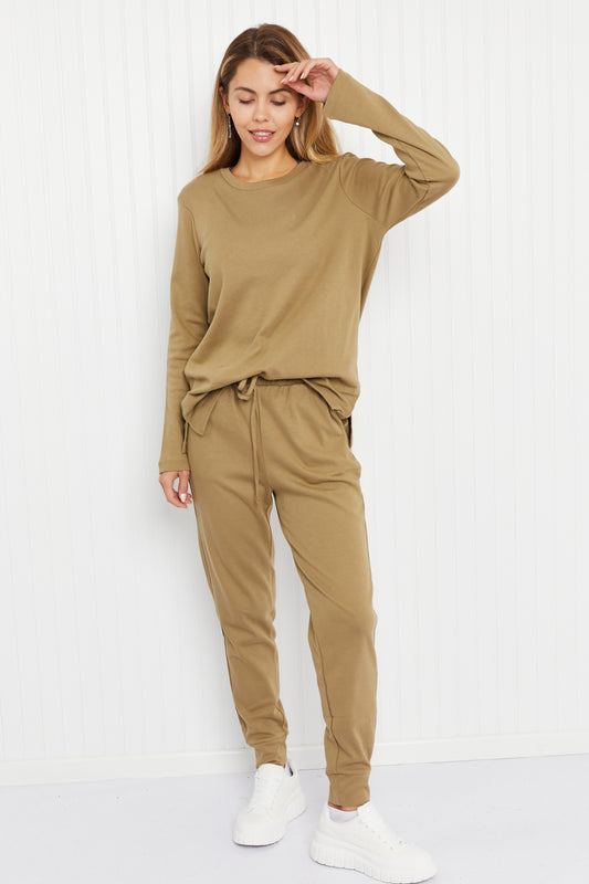 Zenana Comfy and Cozy Full Size Run Lounge Set in Khaki