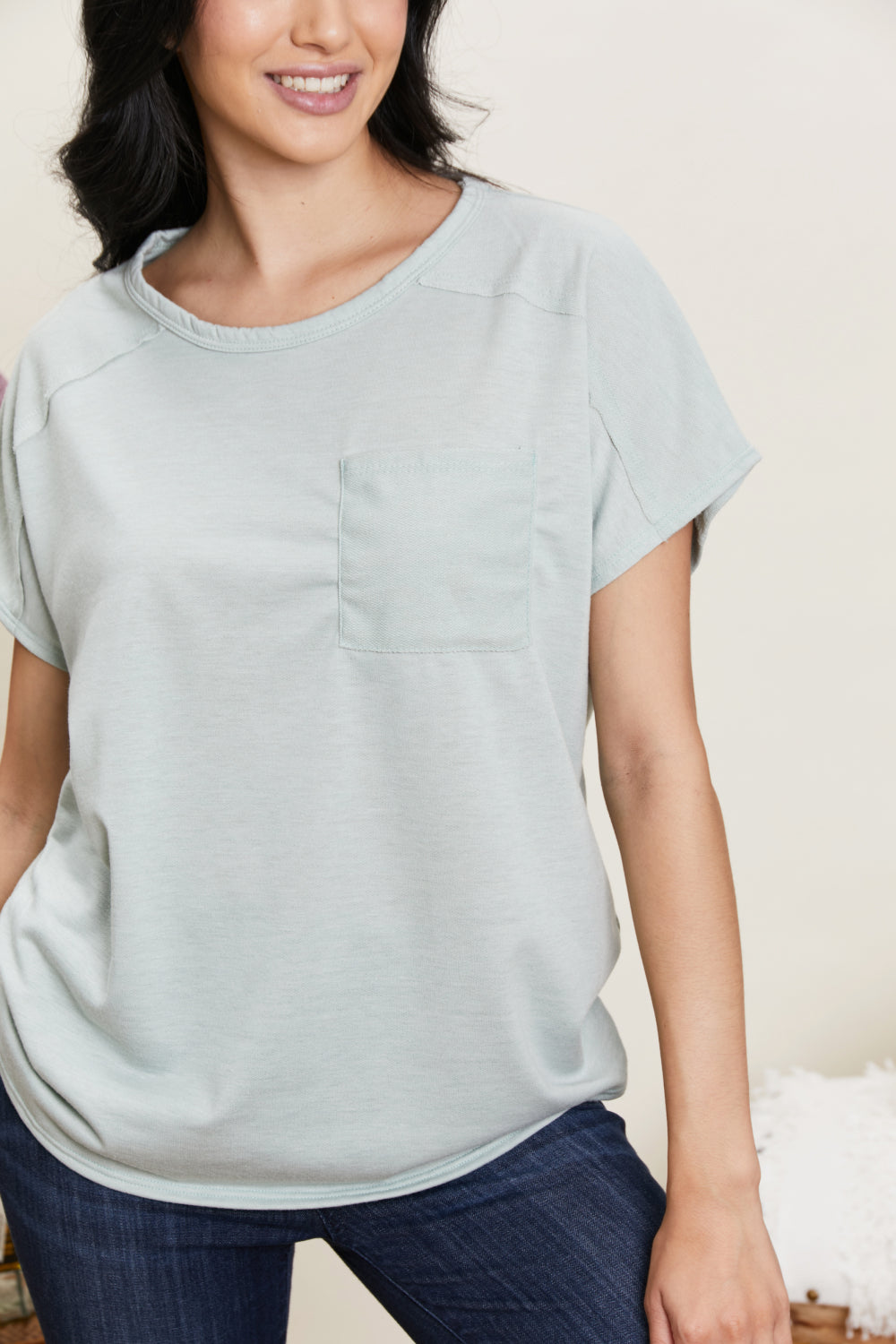 Sew In Love Stay and Chat Love Full Size Pocket Tee in Sage