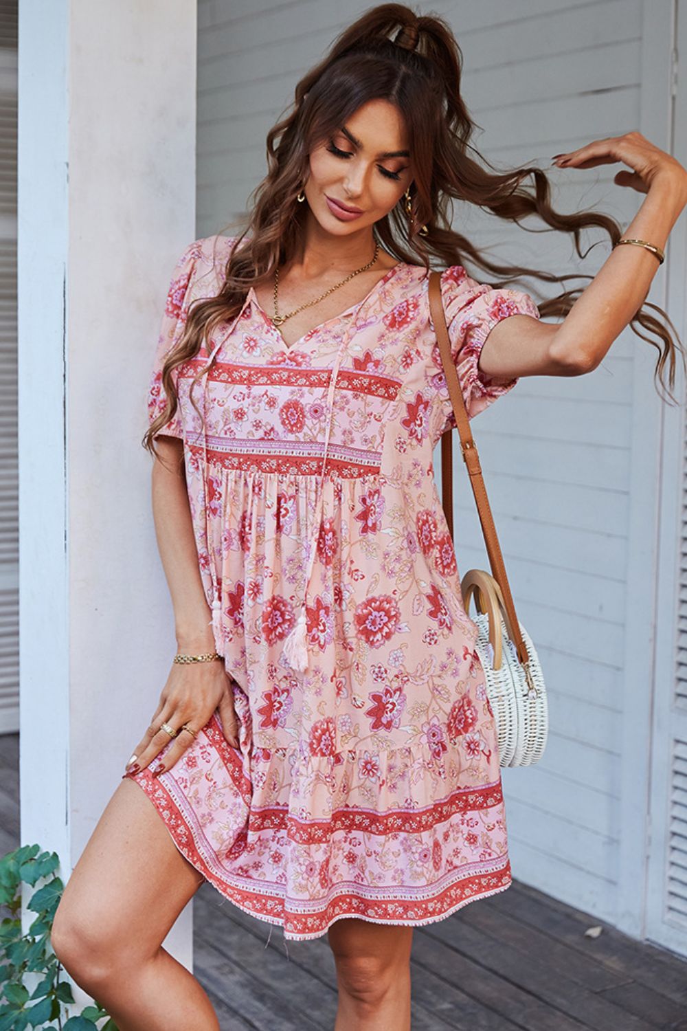 Floral Tie Neck Bohemian Mini Dress