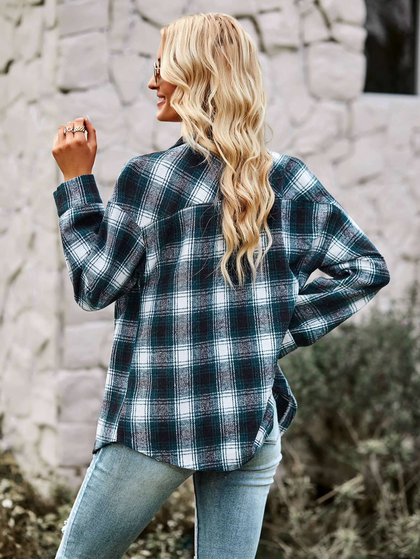 Plaid Button Front Curved Hem Shirt Jacket