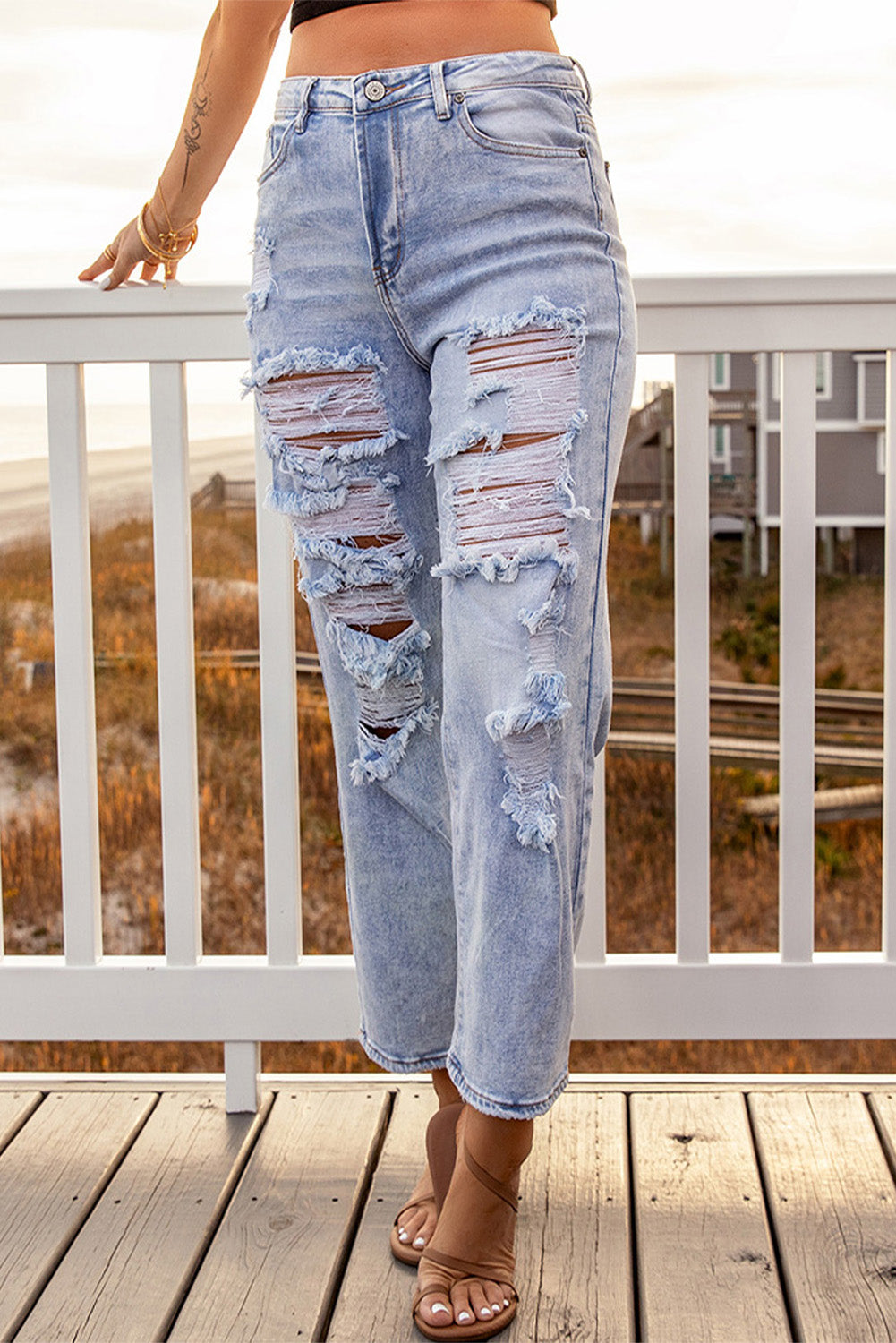 Distressed Acid Wash Straight Leg Jeans