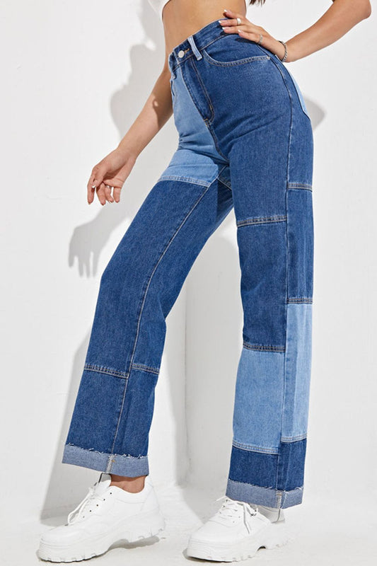 Color Block Raw Hem Straight Leg Jeans