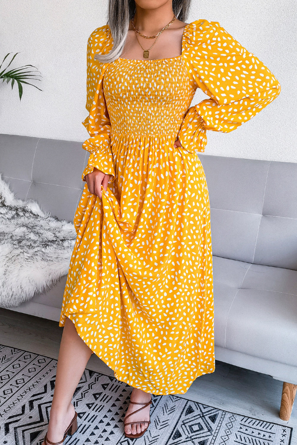 Floral Smocked Flared Sleeve Maxi Dress