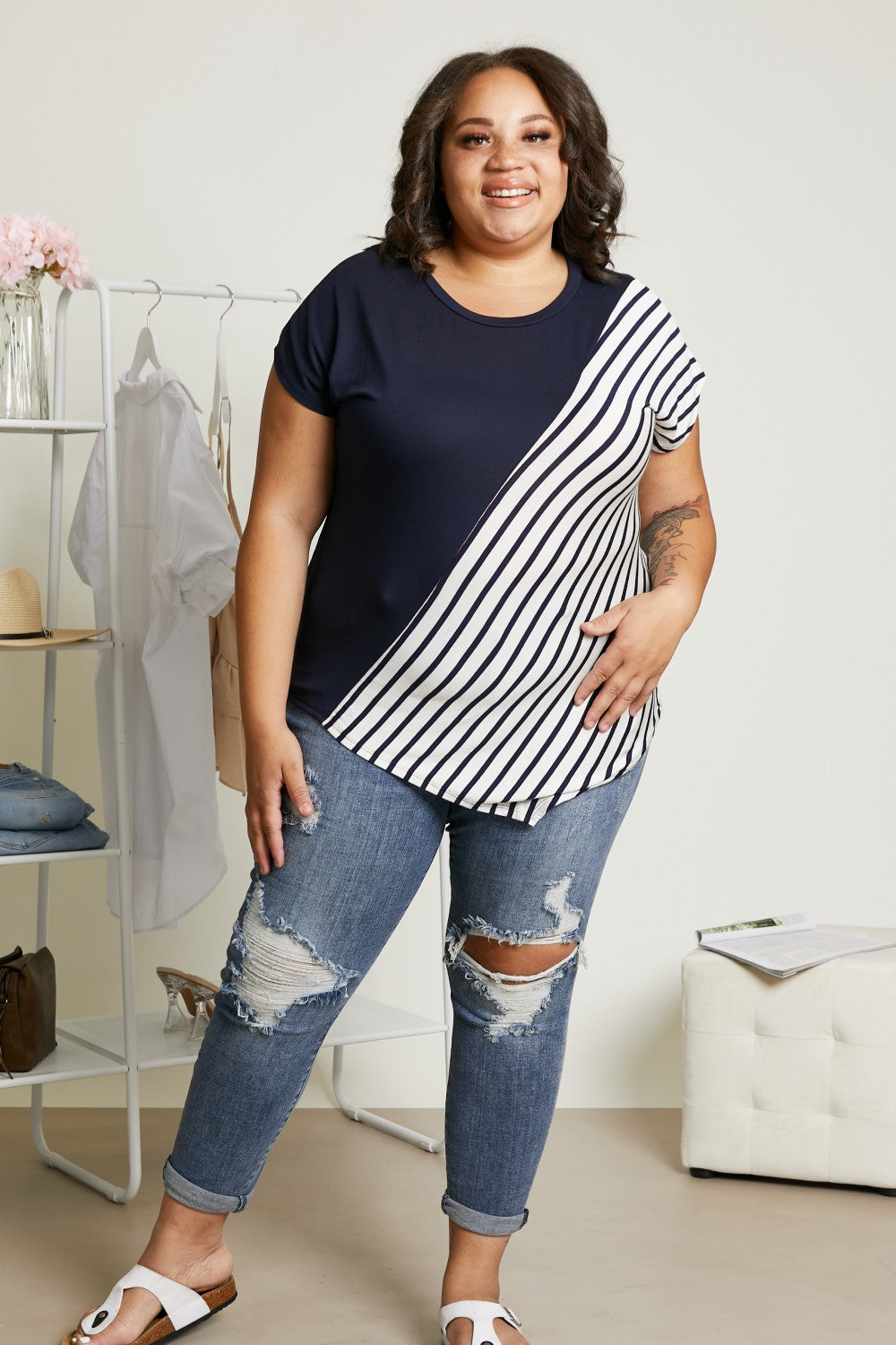 Sew In Love Spoonful of Sugar Full Size Striped Color Block Tee in Navy