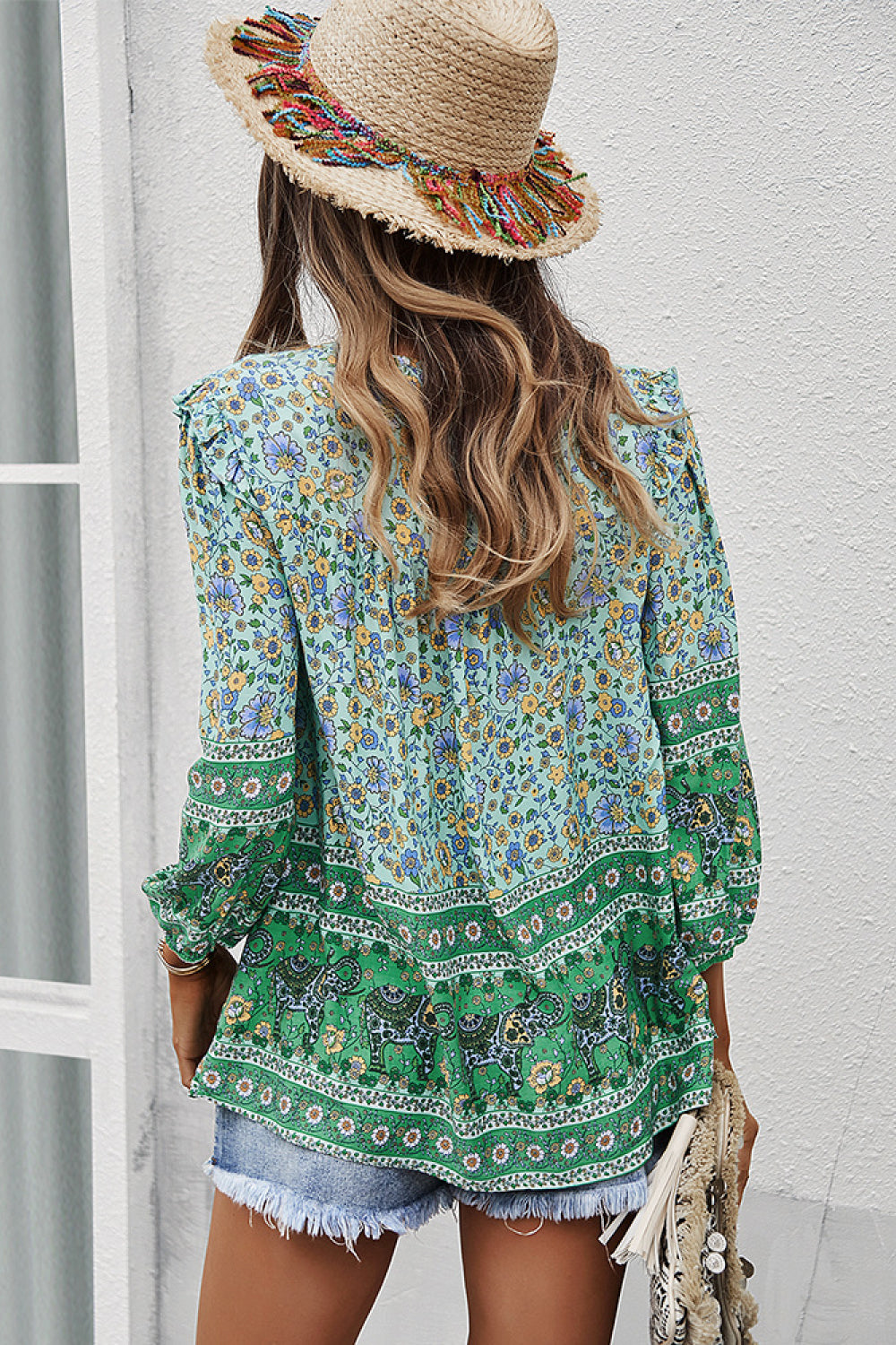 Floral Contrast Print Tie Neck Blouse