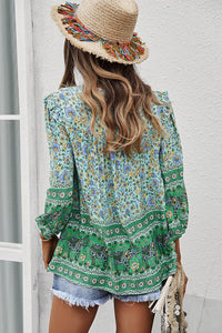 Floral Contrast Print Tie Neck Blouse