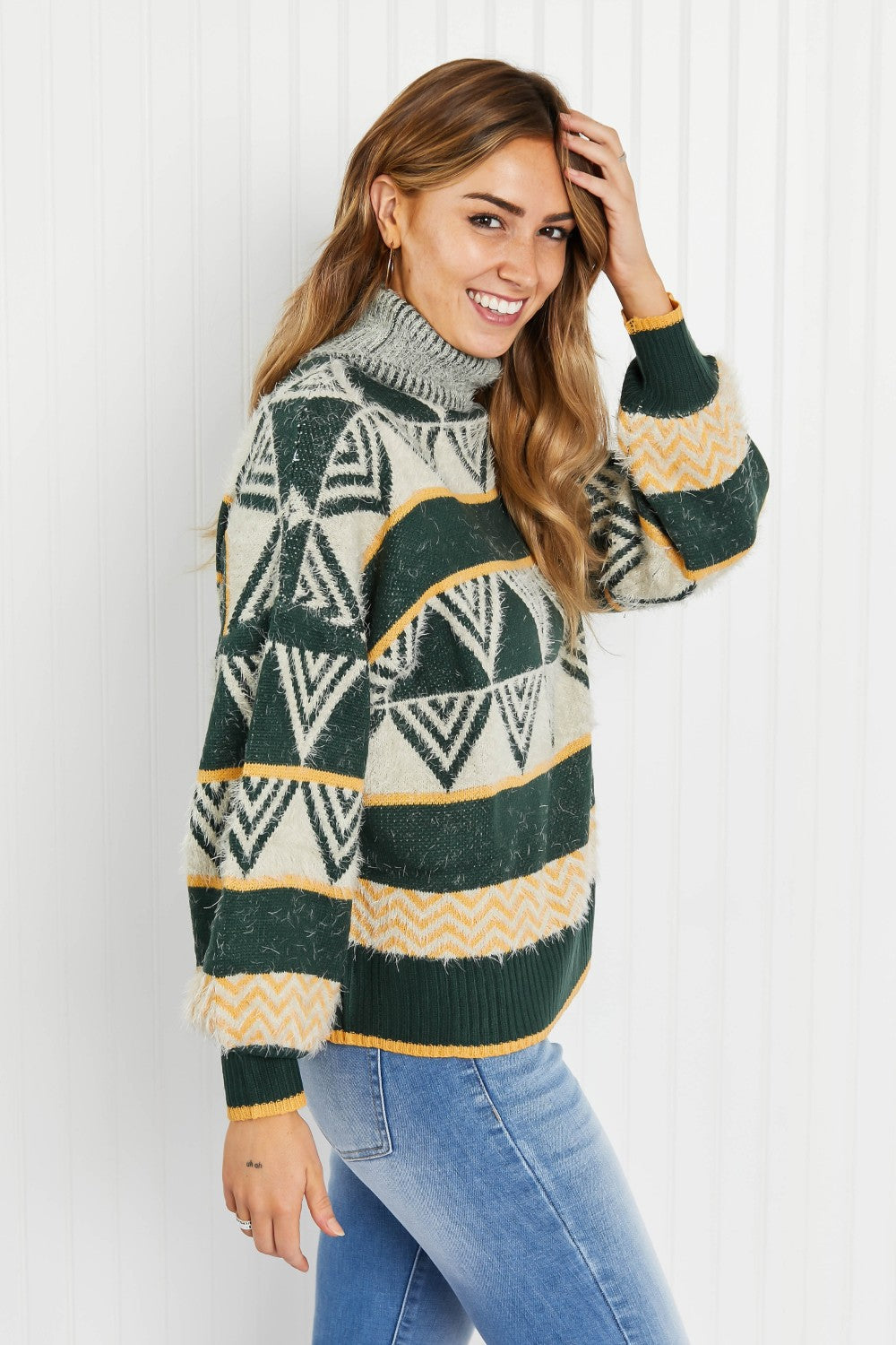 Davi & Dani Cozy Weather Full Size Geometric Fuzzy Turtleneck Sweater in Green