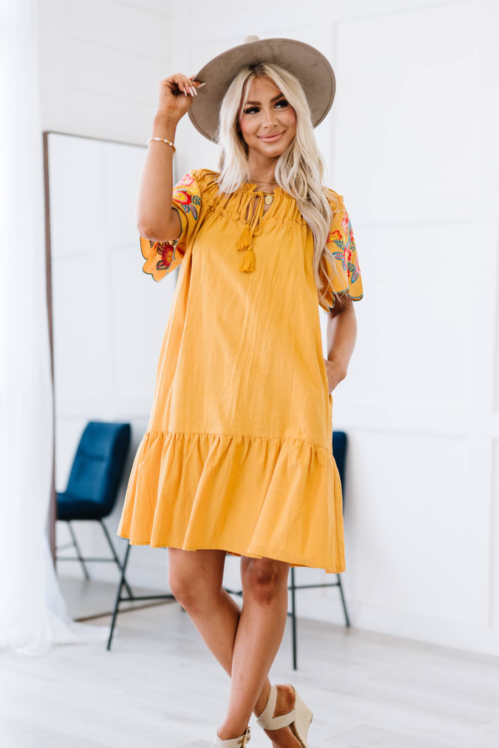 Davi & Dani Flowers for You Full Size Embroidered Dress in Mustard