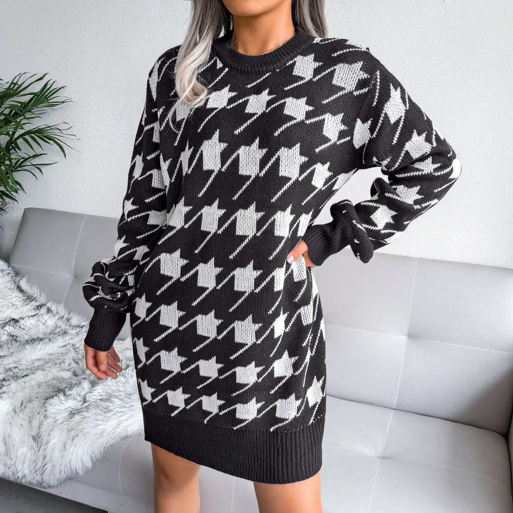 Hoodstooth Crewneck Sweater Dress（Belt Not Included)