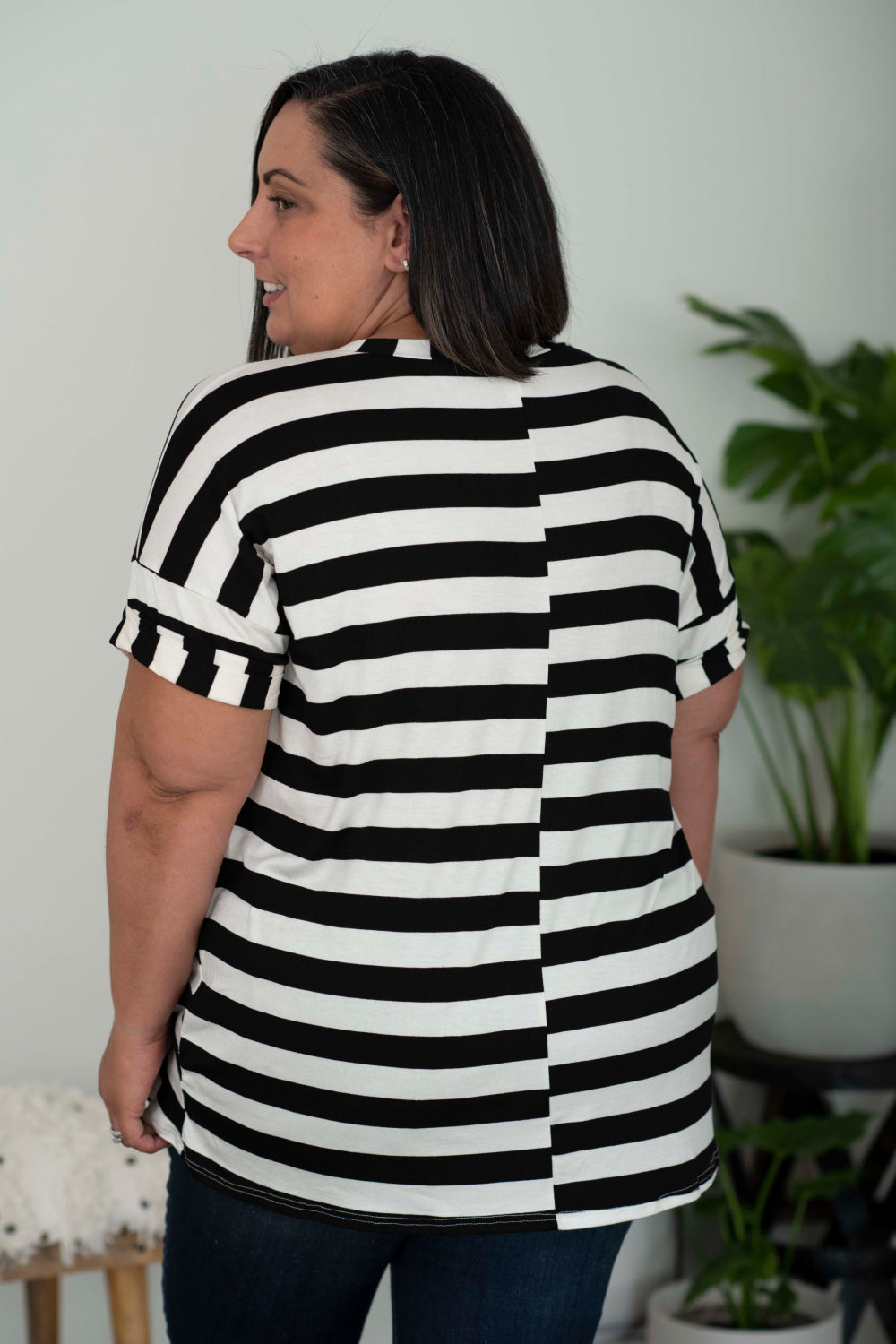 Sew In Love Out and About Full Size Striped Pocket Tee in Black and Ivory