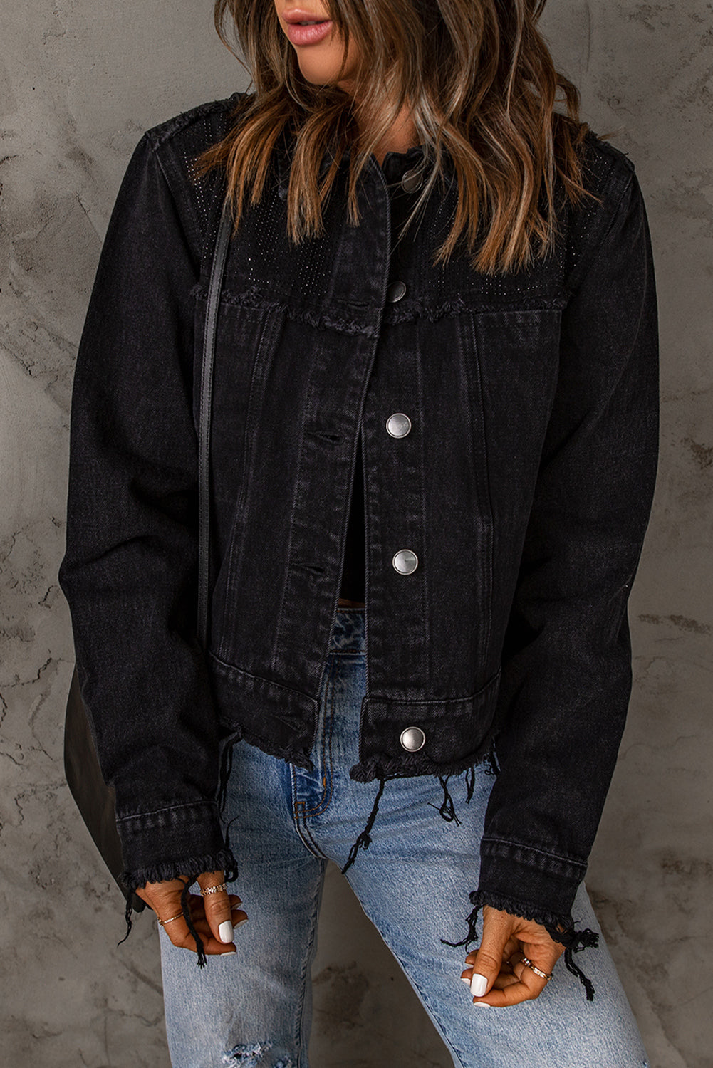 Frayed Trim Button Down Denim Jacket