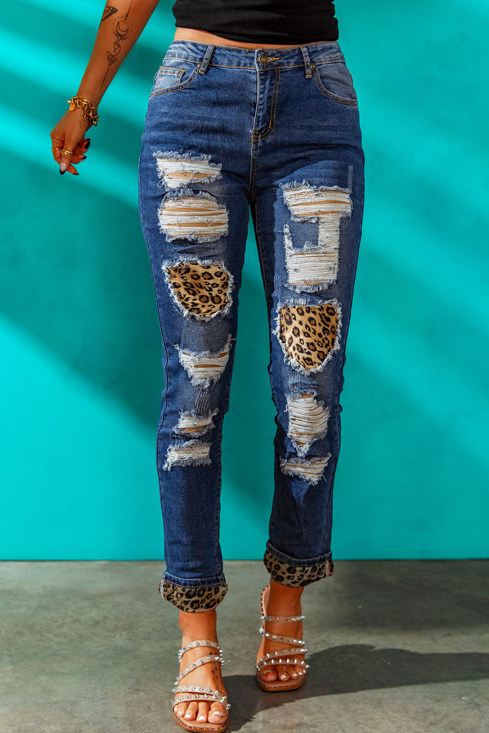 Leopard Patch Distressed Cuffed Jeans