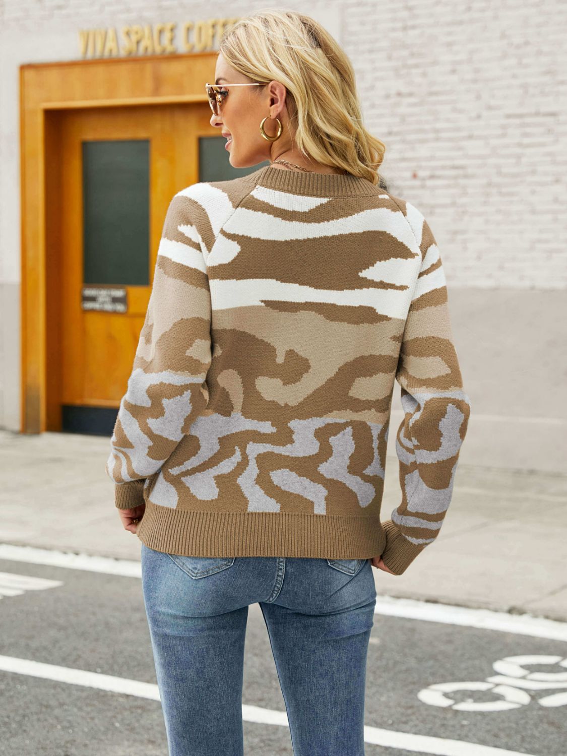 Cozy Venue Printed Raglan Sleeve Ribbed Trim Sweater