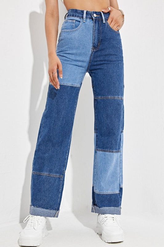 Color Block Raw Hem Straight Leg Jeans