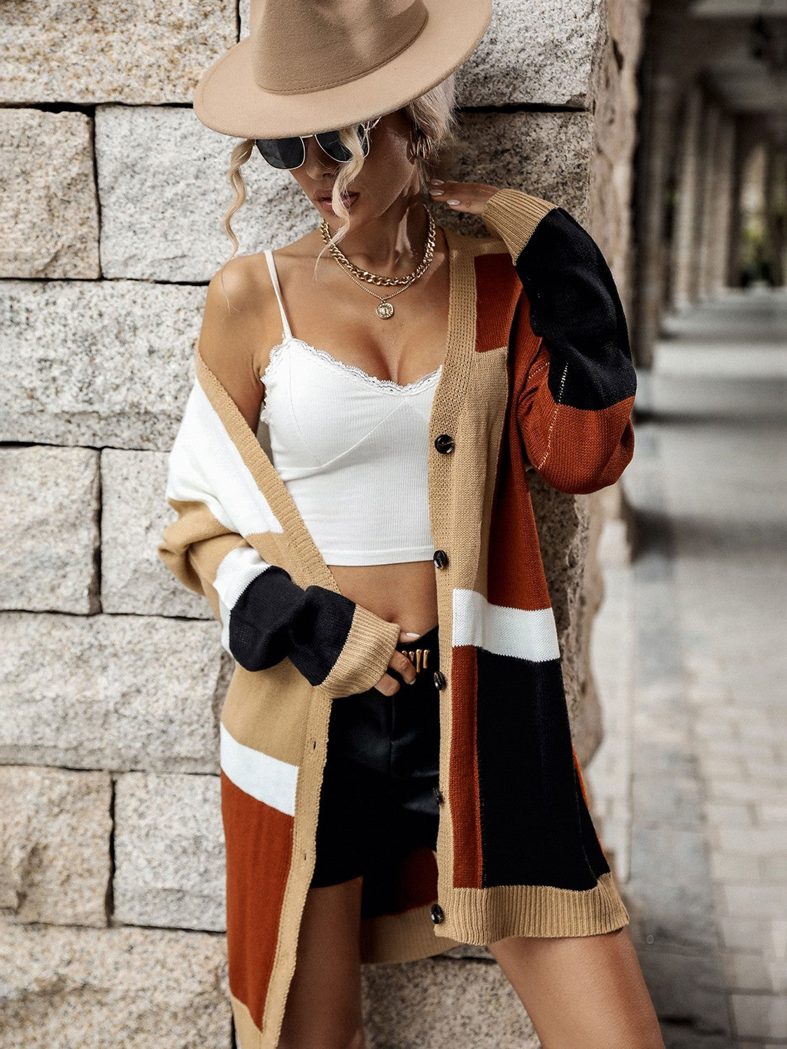 Color Block Button Up Dropped Shoulder Cardigan