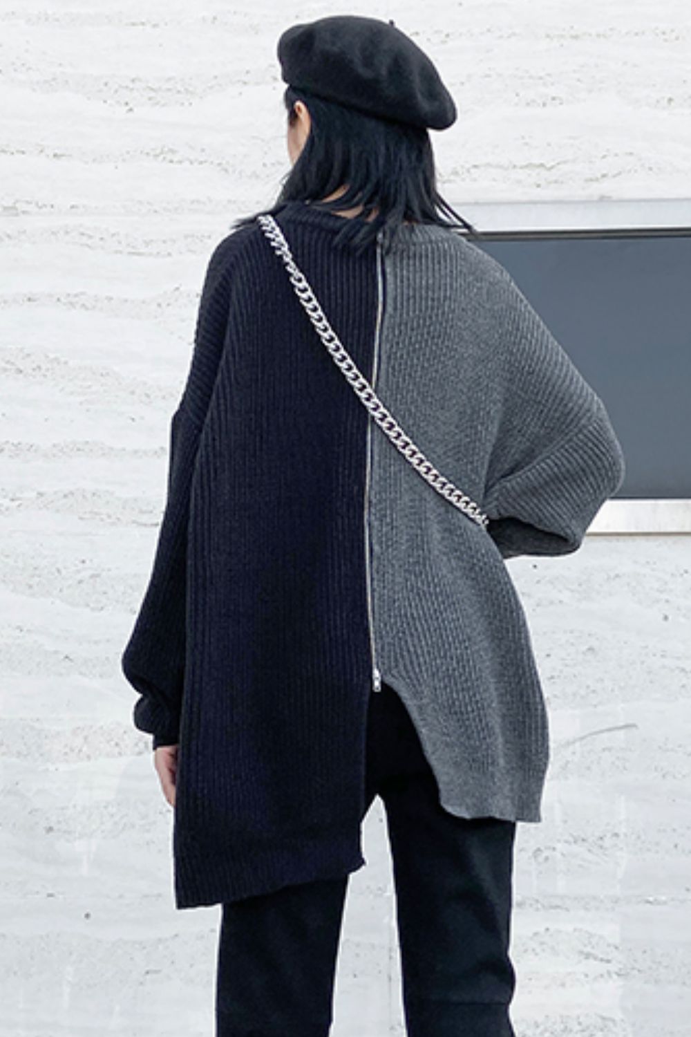 Two-Tone Round Neck Slit Rib-Knit Sweater