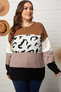 Plus Size Leopard Color Block Sweater