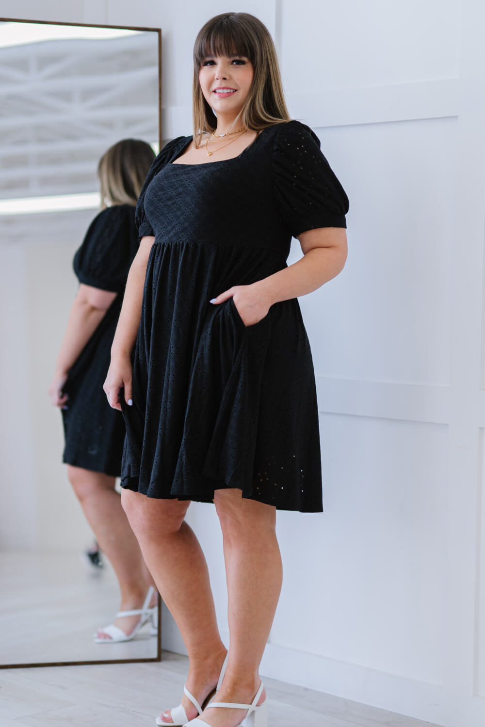 Davi & Dani All About Eyelet Full Size Run Dress in Black