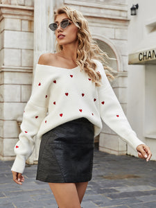 Heart Print V-Neck Dropped Shoulder Sweater