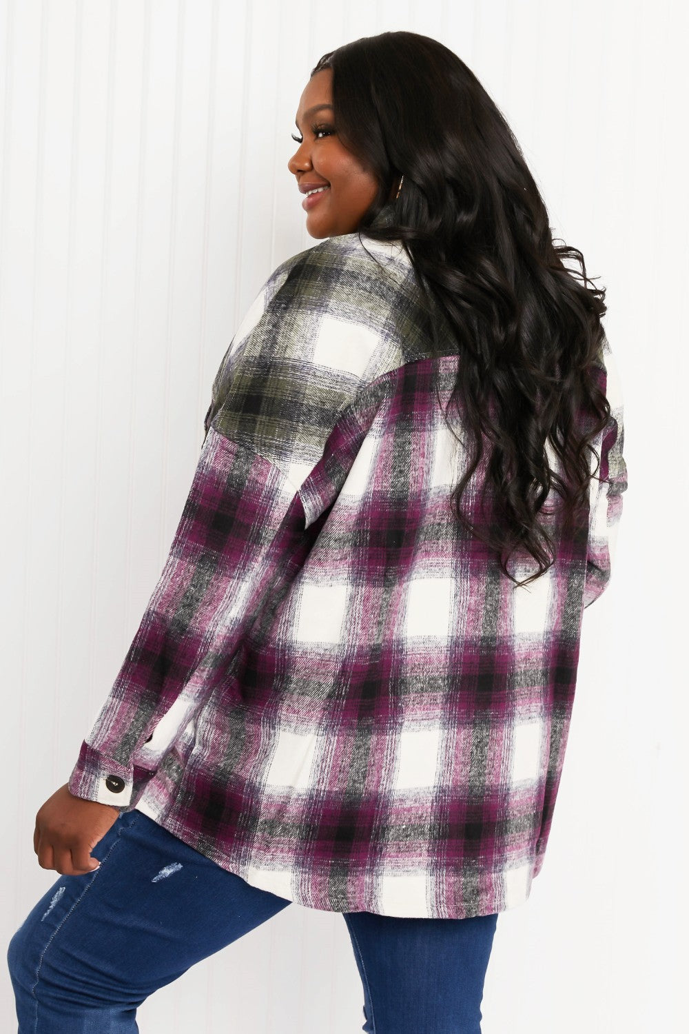 Zenana Colors of Autumn Full Size Plaid Shacket in Eggplant/Olive