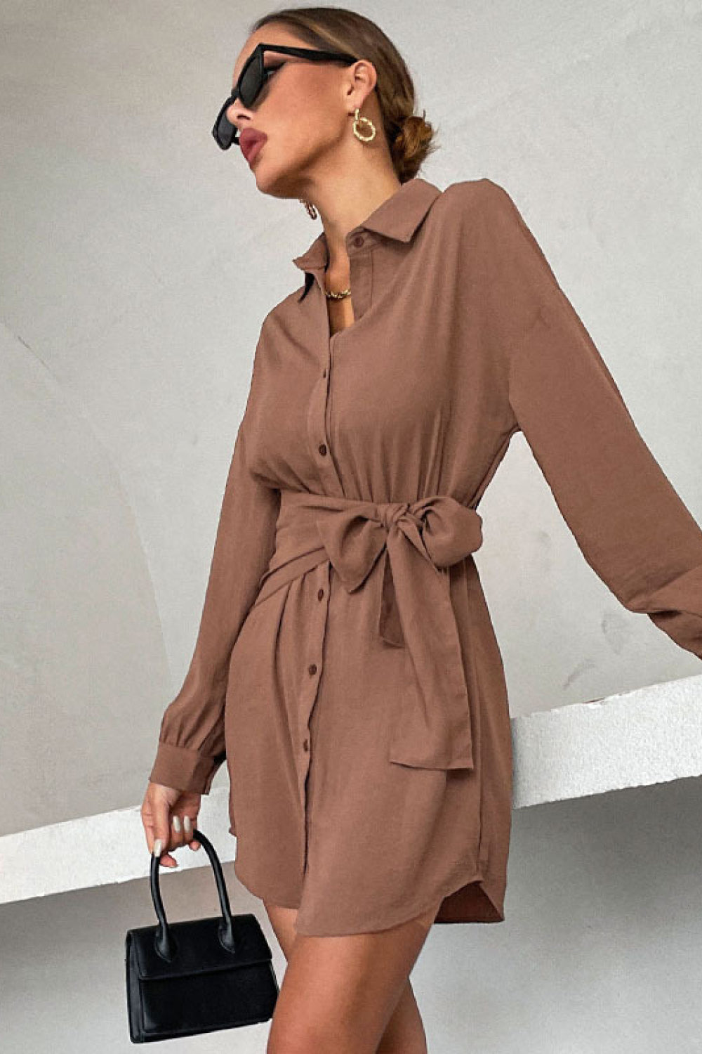 Button Down Tie Waist Mini Shirt Dress