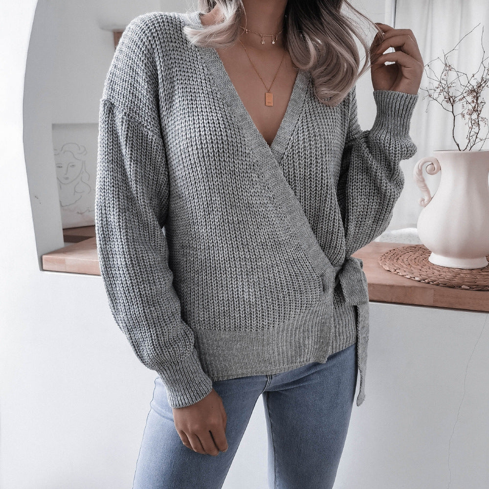 Rib-Knit Lantern Sleeve Wrap Sweater