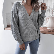 Load image into Gallery viewer, Rib-Knit Lantern Sleeve Wrap Sweater
