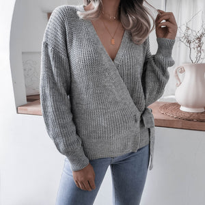 Rib-Knit Lantern Sleeve Wrap Sweater