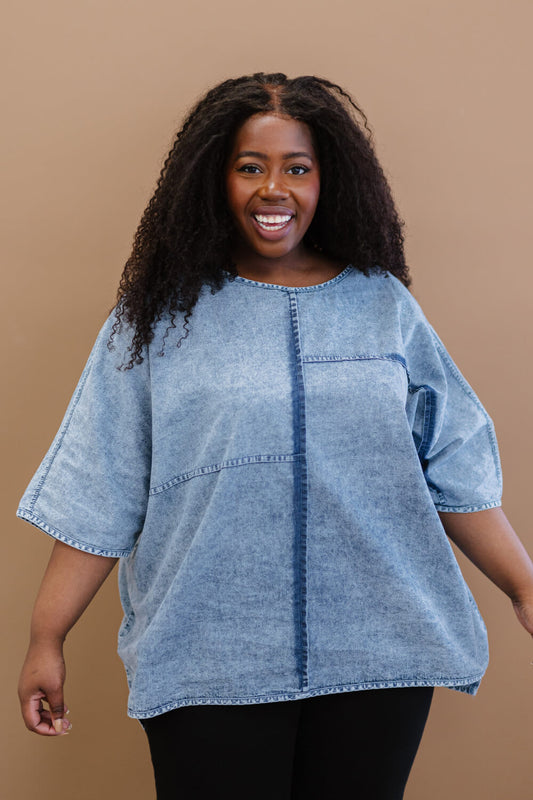 Zenana Out of the Blue Full Size Run Chambray High-Low Top