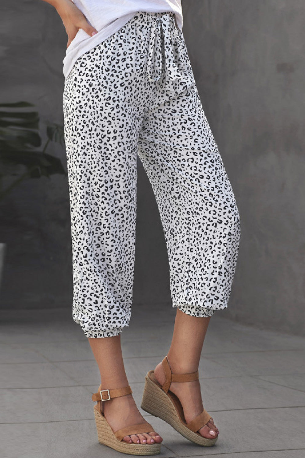 Leopard Tie Waist Drawstring Jogger Pants