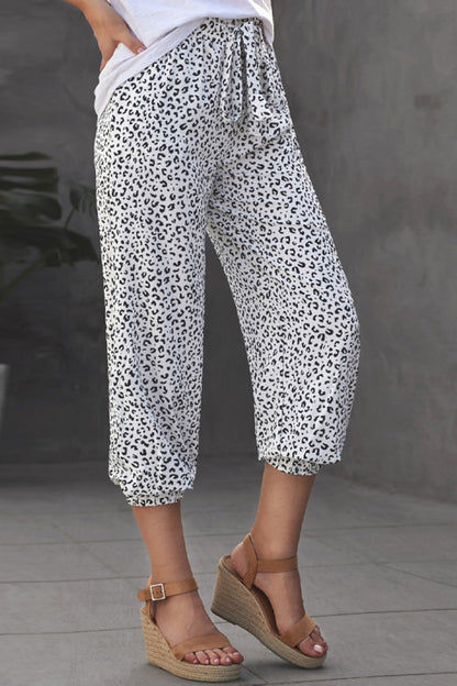 Leopard Tie Waist Drawstring Jogger Pants