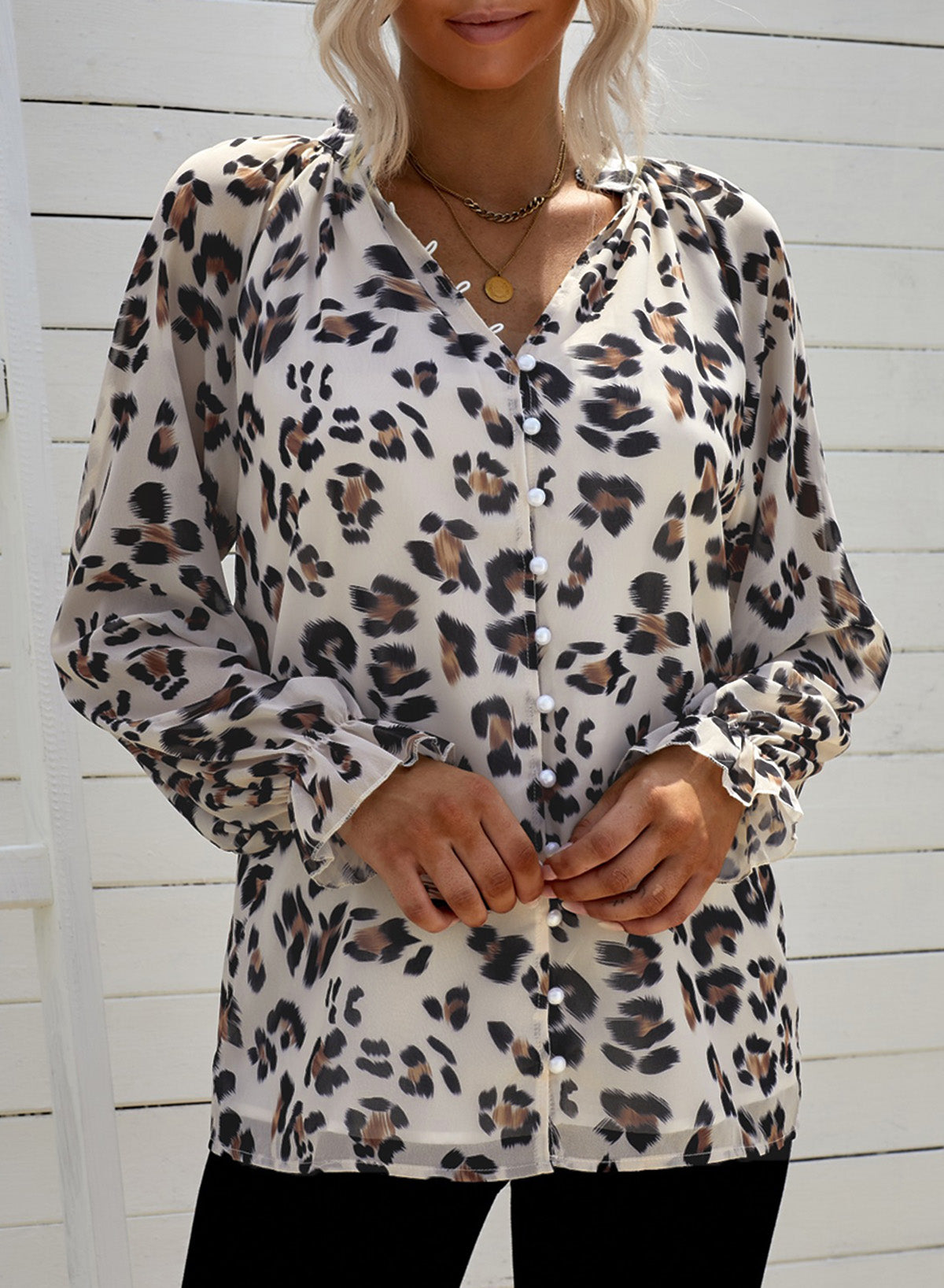 Leopard Button Down Ruched Flounce Sleeve Top