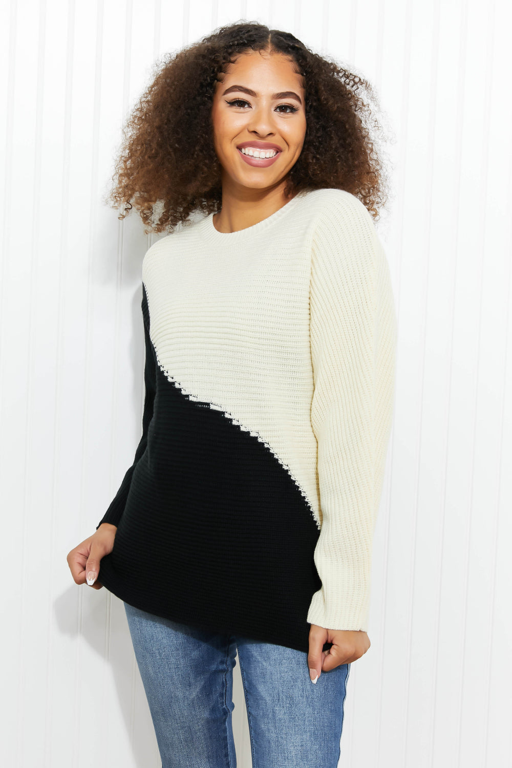 CY Fashion Half-and-Half Full Size Color Block Sweater