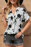 Floral Notched Neck Cuffed Short Sleeve Blouse