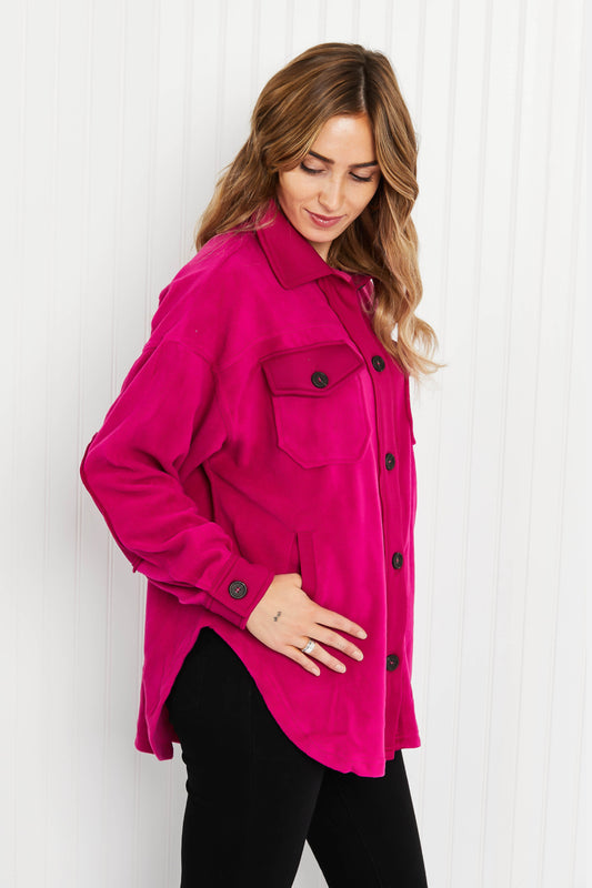 Zenana Cozy in the Cabin Full Size Fleece Elbow Patch Shacket in Magenta