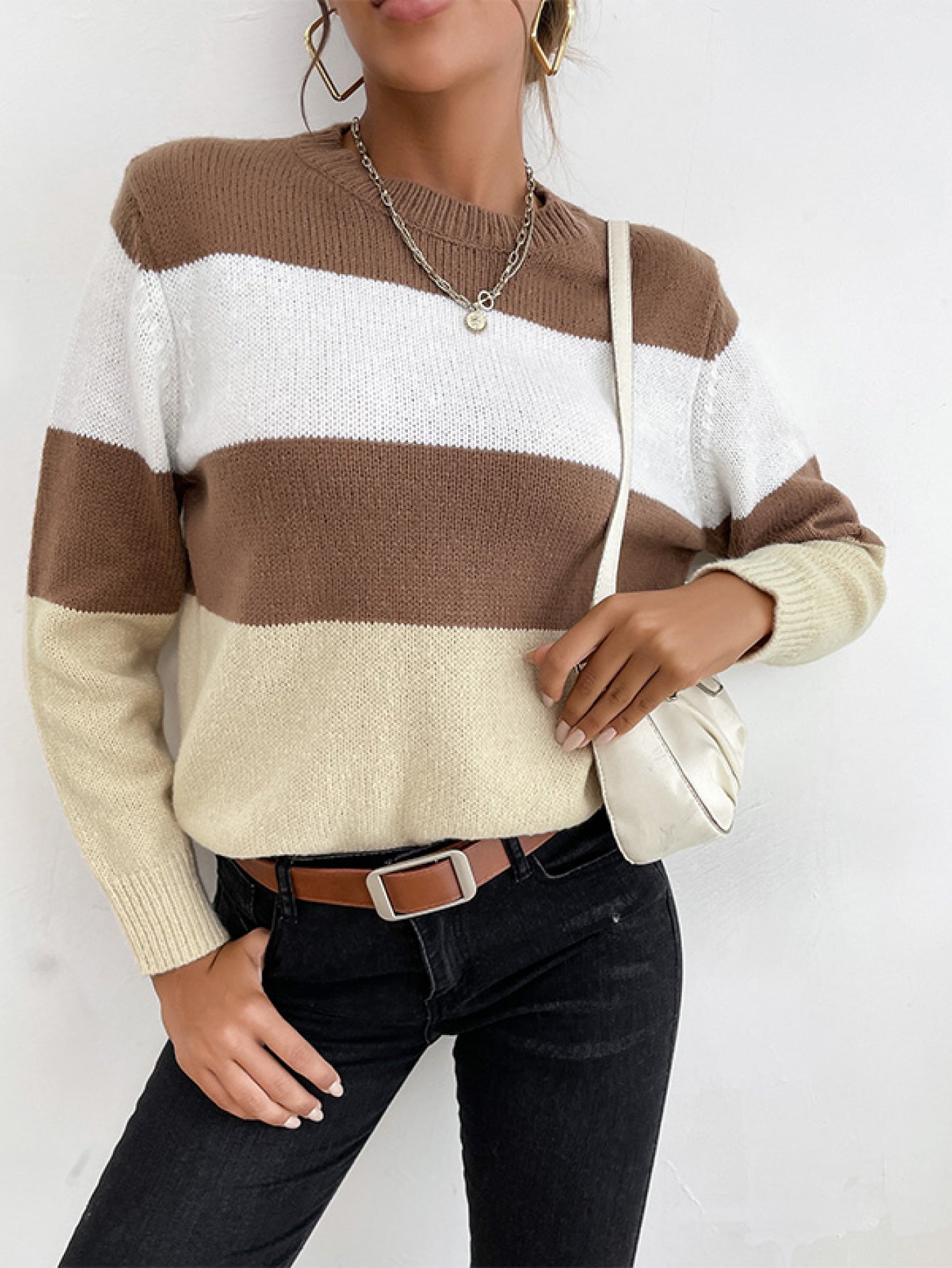 Tricolor Striped Crewneck Pullover Sweater