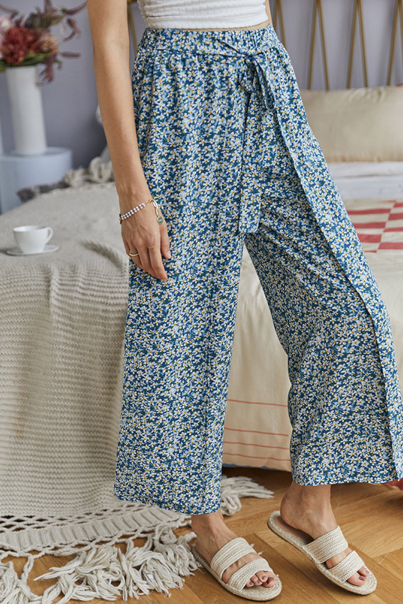 Dainty Floral Tie Waist Wide Leg Pants