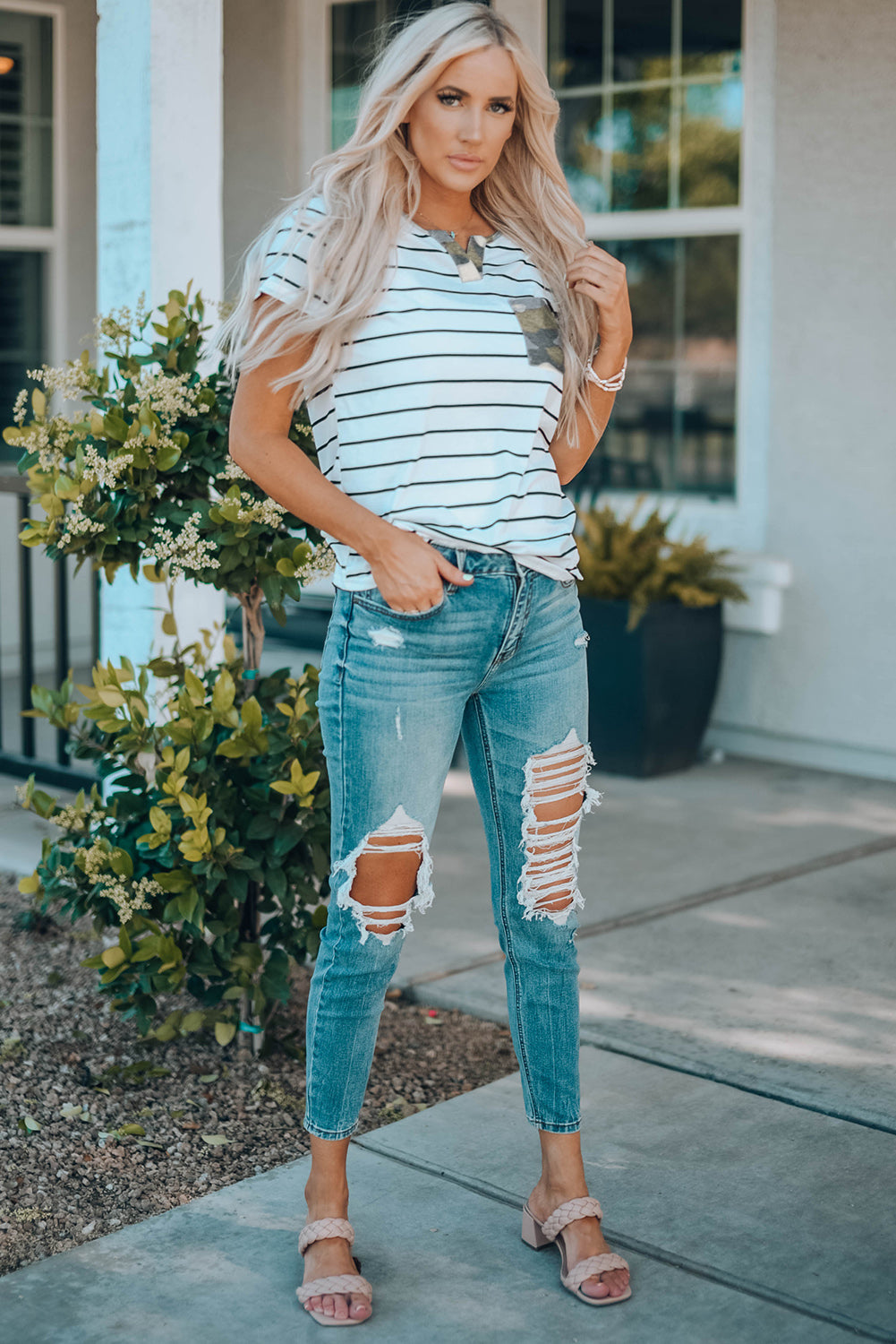 Striped Notched Neck T-Shirt