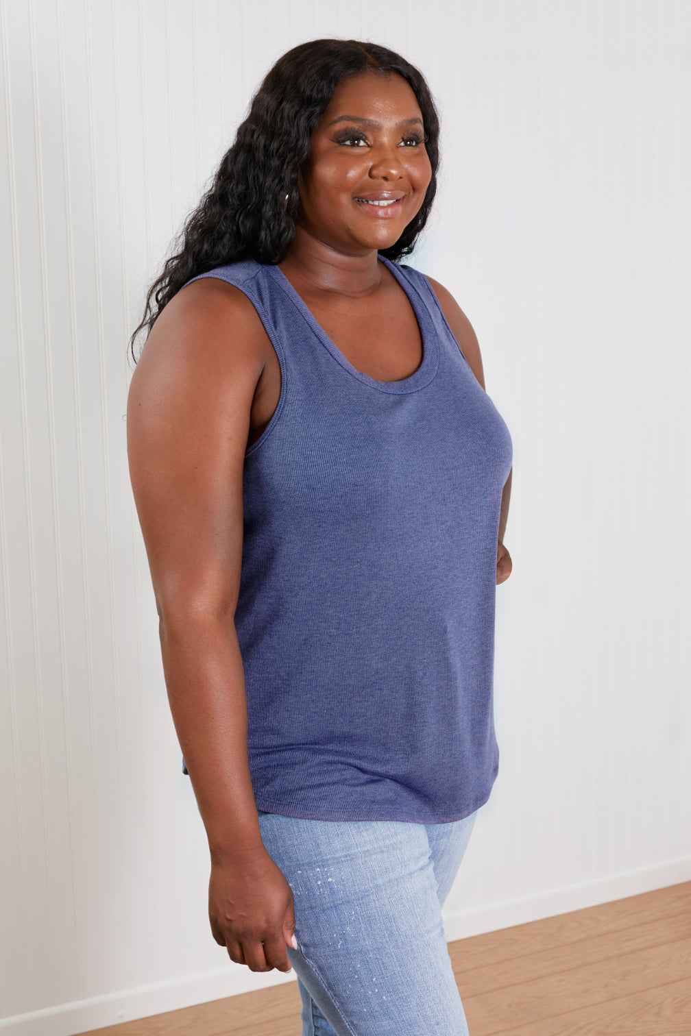 Sew In Love Never a Dull Moment Full Size Racerback Tank in Denim Color