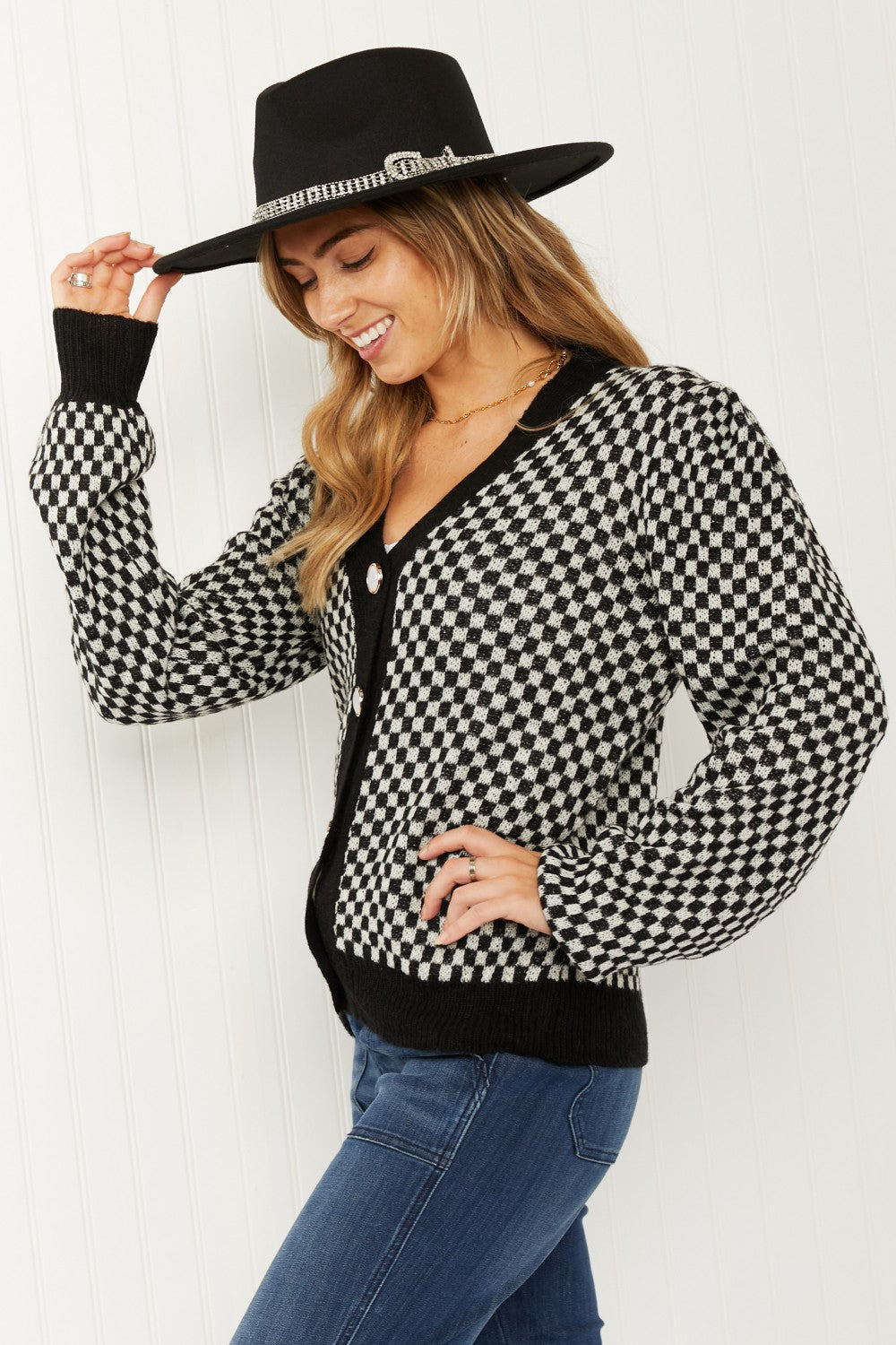 143 Story Look the Part Full Size Checkered Puff Shoulder Cardigan